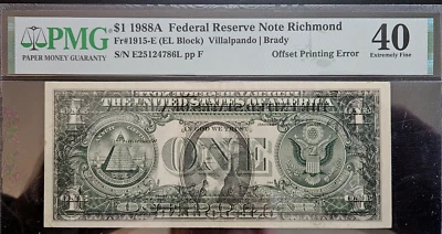 Series 1988-A $1 Dollar Federal Reserve Note - Richmond - Offset Printing Error! - Image 1 of 2