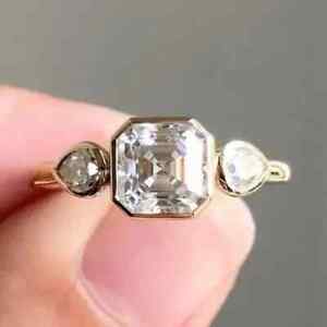 2Ct Asscher Lab Created Diamond 3 Stone Engagement Ring 14K Yellow Gold Plated