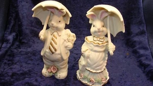 BOY & GIRL EASTER Bunny Rabbits w/Umbrellas,Tie & Flowers Porcelain Figurines~6” - Picture 1 of 7