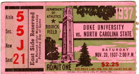 1937 NC State Wolfpack vs Duke Blue Devils Used Ticket Stub FREE Shipping Cover
