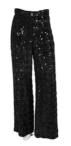 CHANEL 2022 22K Black Metallic Flocked Chiffon Sequin CC Logo Wide Pants 36 - Picture 1 of 8