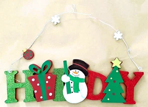 Holz Glitzer Weihnachten FEIERTAG hängendes Schild Draht Aufhänger LKN kostenloser Versand - Bild 1 von 3