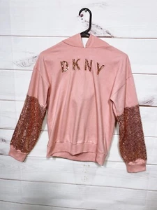 DKNY Girls Sudadera con capucha Tamaño XL Logotipo rosa Jersey de lentejuelas de manga larga - Imagen 1 de 9