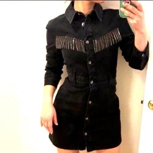 NWT ZARA BLACK FRINGED DENIM DRESS 3666/245 - Picture 1 of 11