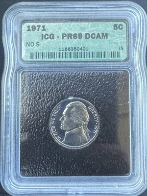 “NO S” PR69 DCAM 1971 PROOF Jefferson Nickel ICG OLD HOLDER PR69 DEEP CAM FS-501 - Image 1 of 4