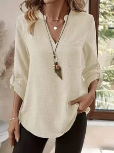 Roll-Up Sleeve Notched Blouse - Picture 1 of 56