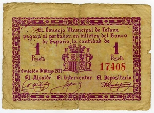 ☆ SPAIN CIVIL WAR 1937 • TOTANA 1 PTA. MUNICIPAL ☆ GUERRA CIVIL ESPAÑOLA  ☆C9964 - Picture 1 of 2