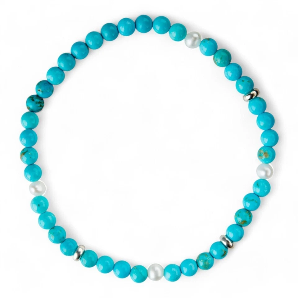 Bracciale di Turchese, Perle e Argento 925 Elastico - Immagine 1 di 1