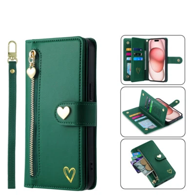 For iPhone 17Pro Max 16 15 XR 6 Fashion Heart Zipper Card Wallet Case With Strap - Image 1 of 4
