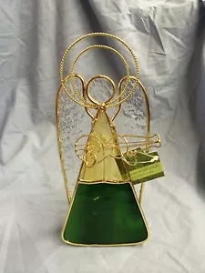 Stained Glass Angel Tea Light Candle Holder With Metal Gold Trim And Guitar - Picture 1 of 11