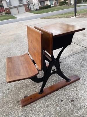Collectible Antique Child's School Desk Oak Wood & Black Cast Iron  - Image 1 of 4