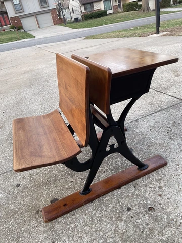 Collectible Antique Child's School Desk Oak Wood & Black Cast Iron Cover