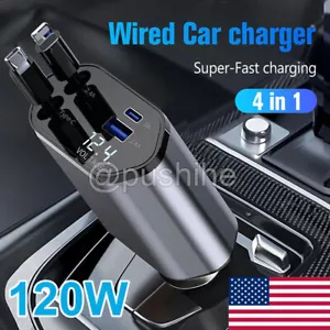 4 IN 1 Retractable Car Charger Cable Dual Port USB C PD Fast Charging Adapter US - Picture 1 of 10