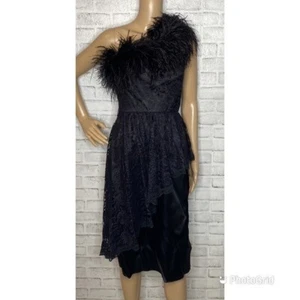 Vintage New Leaf Samir black lace feather one shoulder 80s dress 5/6 fits XS - Picture 1 of 8