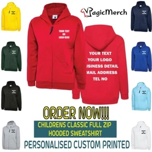 Custom Printed Uneek Childrens Classic Full Zip Hooded Sweatshirt Your Text Top - Picture 1 of 22