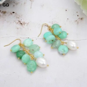 Natural Cultured White Rice Pearl Green Chrysoprase Golden Hook Dangle Earrings - Picture 1 of 6