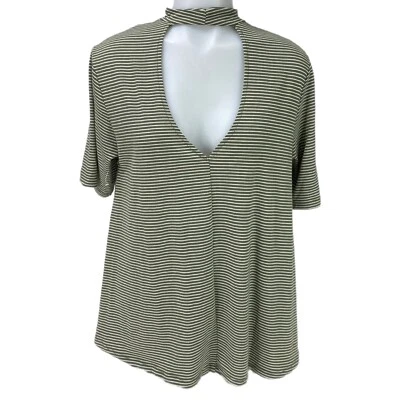 Eye Candy Super Soft Womens Size LARGE Cutout Mock Neck Top Olive Green Stripe  - Image 1 of 4