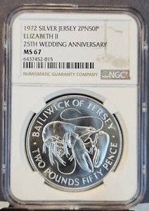 1972 JERSEY SILVER 2 1/2 POUNDS 25TH WEDDING ANNIVERSARY NGC MS 67 TOP POP - Picture 1 of 3