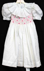 Vtg 90s Isabel Garreton Smocked White Dress 3T Dots Pleated Collar Pink Flowers - Picture 1 of 12