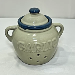 Vtg Stoneware Garlic Keeper Gray With Blue Stripe and Interior Storage Pot Crock - Picture 1 of 11