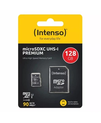 Intenso Micro SDXC UHS-I Premium Memory Card 128GB 90MB/s with SD Adapter – NEW - Image 1 of 4