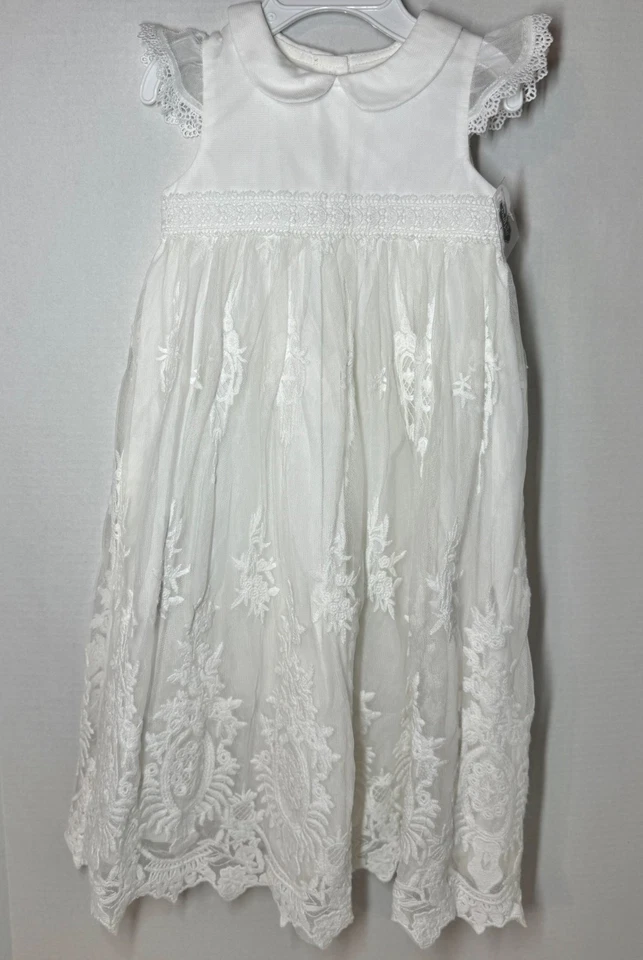 Vestido de batismo Mud Pie herança crochê acabamento em renda 0-6m creme marfim novo com etiquetas - Imagem 1 de 4