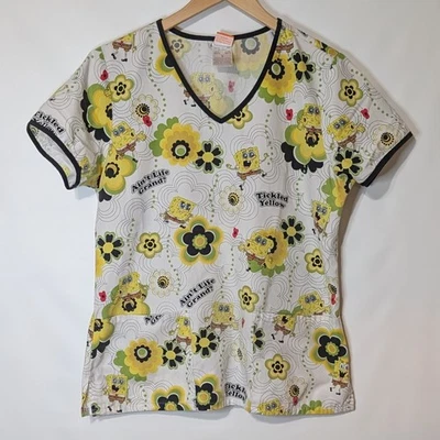 Nickelodeon scrub top S Sponge Bob Square Pants Tickled Yellow Ain't Life Grand - Image 1 of 4
