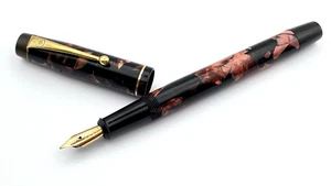 VINTAGE ONOTO 5601 FOUNTAIN PEN IN RED MARBLE SPRINGY 14K MEDIUM NIB ENGLAND - Picture 1 of 13