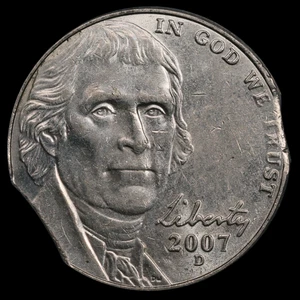 Rare Date 2007-D Jefferson Nickel Curved Clip ANACS AU-58 (4.74g) -Lot D151 - Picture 1 of 3