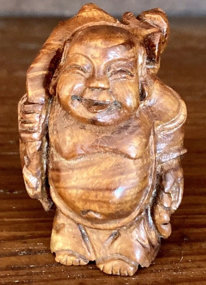 古董雕刻木质快乐佛网介 - 签名! — 第 1/4 张图片