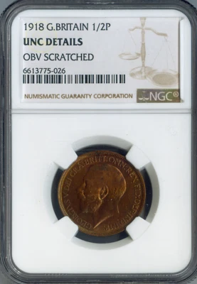 1918 Great Britain Half Penny 1/2P NGC UNC DETAIL QUALITY✔️ - Image 1 of 2