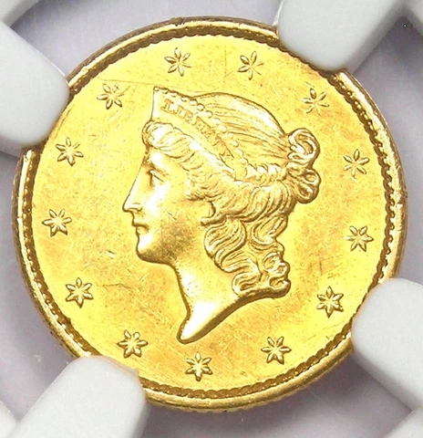 1849 Liberty Gold Dollar G$1 Open Wreath Coin - Certified NGC AU58 - Rare Date! Cover