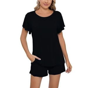 Womens 2 Piece Pajama Set Short Sleeve Crew Neck Top Elastic Waist Shorts Lounge - Picture 1 of 17