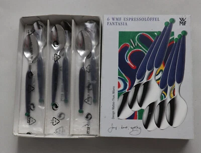 6 x Espressolöffel WMF Fantasia cromargan blau / grün Matteo Thun,Länge ca.11 cm - Bild 1 von 3