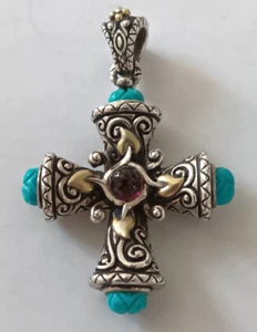 Barbara Bixby Sterling/18K Gold Türkis & Rhodolith Granat Kreuz Verstärker - Bild 1 von 3