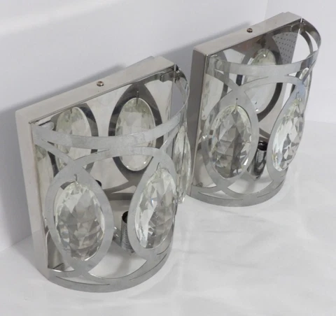 PAIR VINTAGE HEAVY CHROME RETRO ART DECO MID CENTURY MODERN WALL SCONCES PRISMS Cover