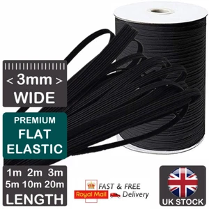 Cordón elástico plano negro de 3 mm tejido para coser cara orejeras ropa - Imagen 1 de 9