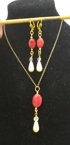 Red Agate Gem Vtg. AB 5100, faux pearl Necklace and Earrings leverback SET - Picture 1 of 7