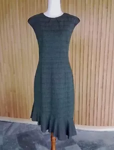 Cue Grey Plaid Midi Dress Frill Assymetric Hem 10 Lined Viscose Blend Sample - Picture 1 of 7