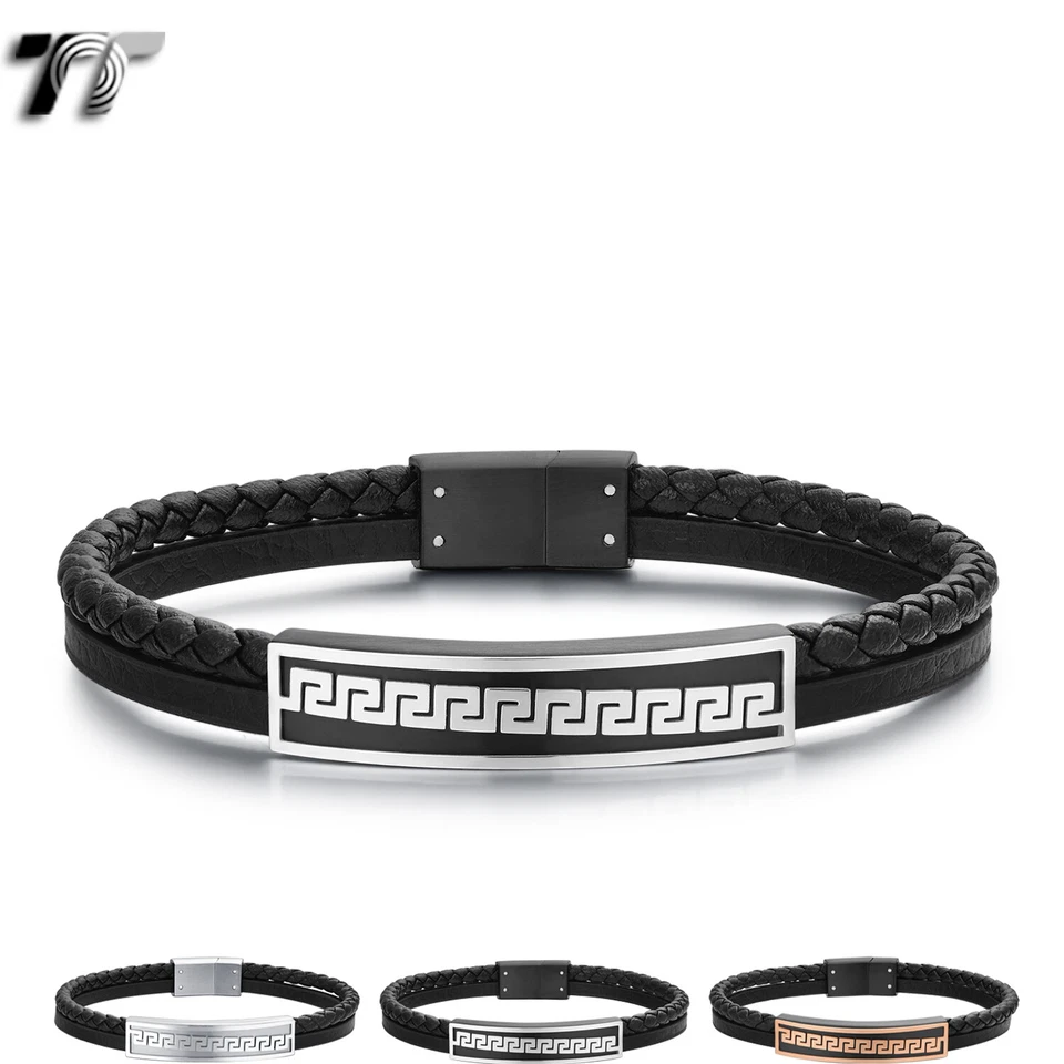 Pulsera TT Cuero Negro 316L Acero S. Llave Griega Imán Hebilla (BR339) NUEVO Foto 1 de 1