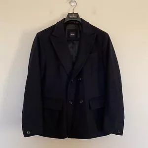 Hugo Boss Mens 40R Cashmere Wool Blend Double Breasted Blazer Pea Coat Navy Blue - Picture 1 of 15