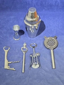 Vintage 6 Pcs Stainless Steel Bar Kit, Shaker, Jigger, Opener, Cork Screw- A2550 - Picture 1 of 17