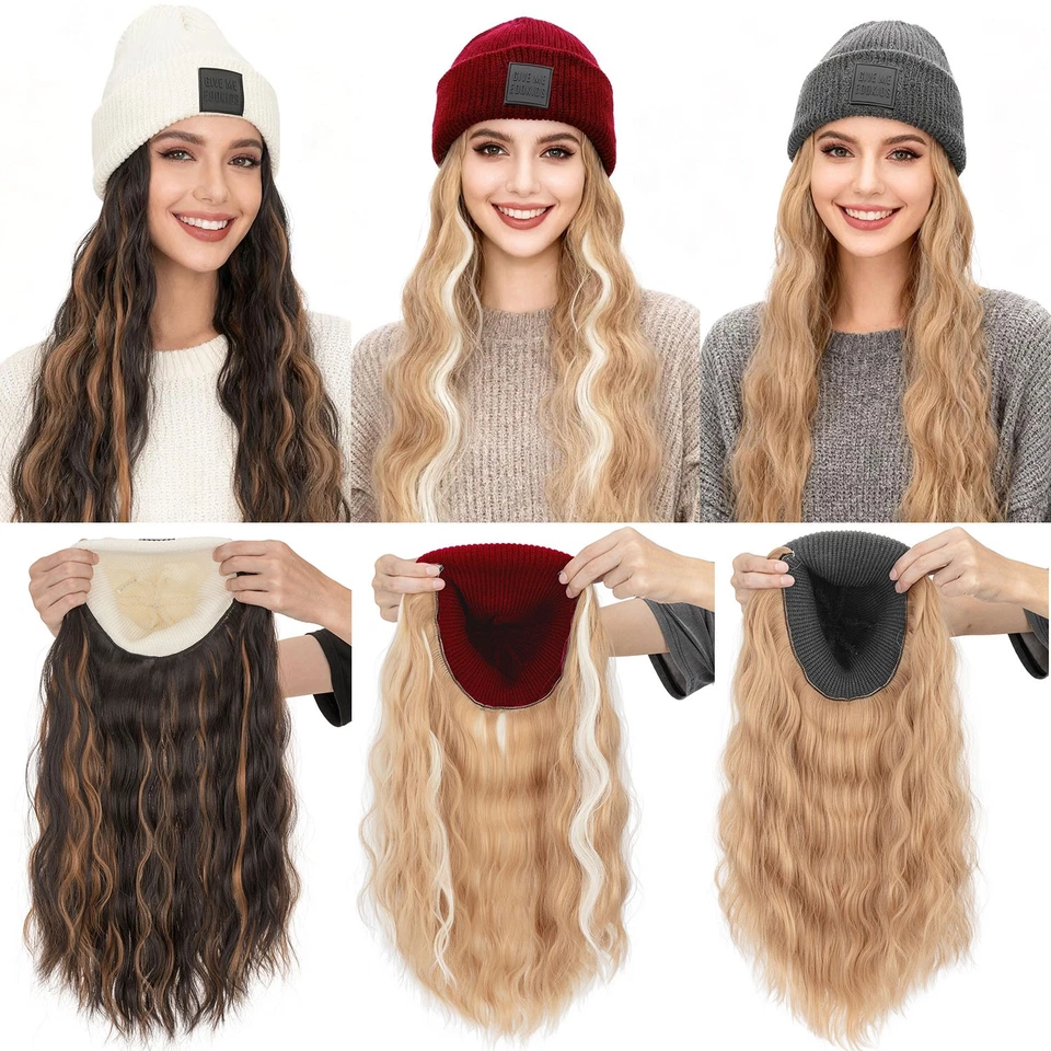 Peluca gorro 18 pulgadas con pelo largo ondulado gris invierno tejido sombrero cálido EE. UU. Foto 1 de 4