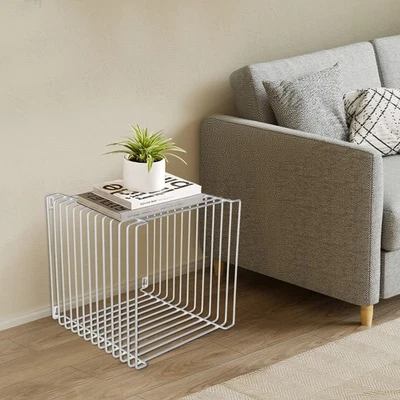 2025 Style Side Table Square Geometry Side Table Linear Metal End Table Silver - Image 1 of 4