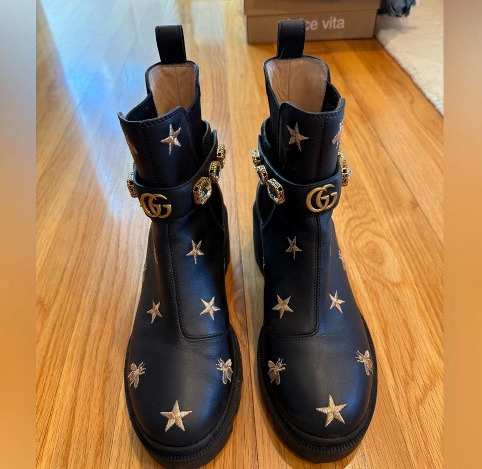 Gucci звезды и пчелы вышитая кожа ботинок с ремнем черный 39EU 9/9,5 США - Изображение 1 из 4
