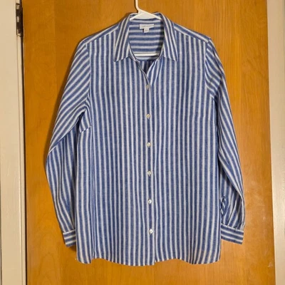 Camisa J Jill Love listrada azul linho 100% linho botão para cima tamanho P tamanho grande - Imagem 1 de 4