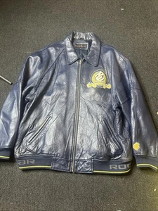Rocawear Mens Leather Coat 3xl Blue Vintage Heavy Yellow - Picture 1 of 7