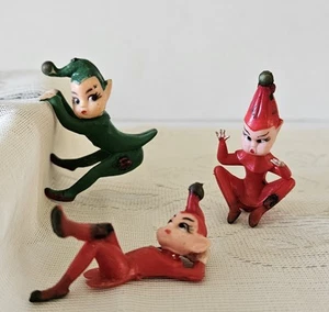 VTG Christmas Pixie Elf Elves x3. Laying, Sitting & Hanging. Rubber. Hong Kong. - Picture 1 of 14