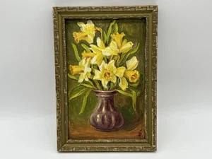 VTG Signed Small Framed Oil Painting on Cardboard Daffodils 4.75x6.75” - Picture 1 of 9