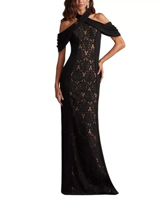 Tadashi Shoji Black Nude Kato Embroidered Off-Shoulder Halter Gown Size 10 $578 - Image 1 of 4